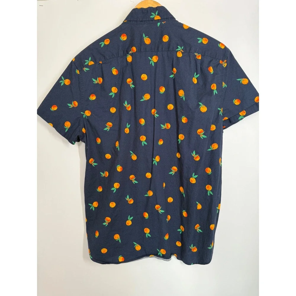J.Crew Mens Slim Flex Washed Short Sleeve Orange Print‎ Button Down Shirt Navy L